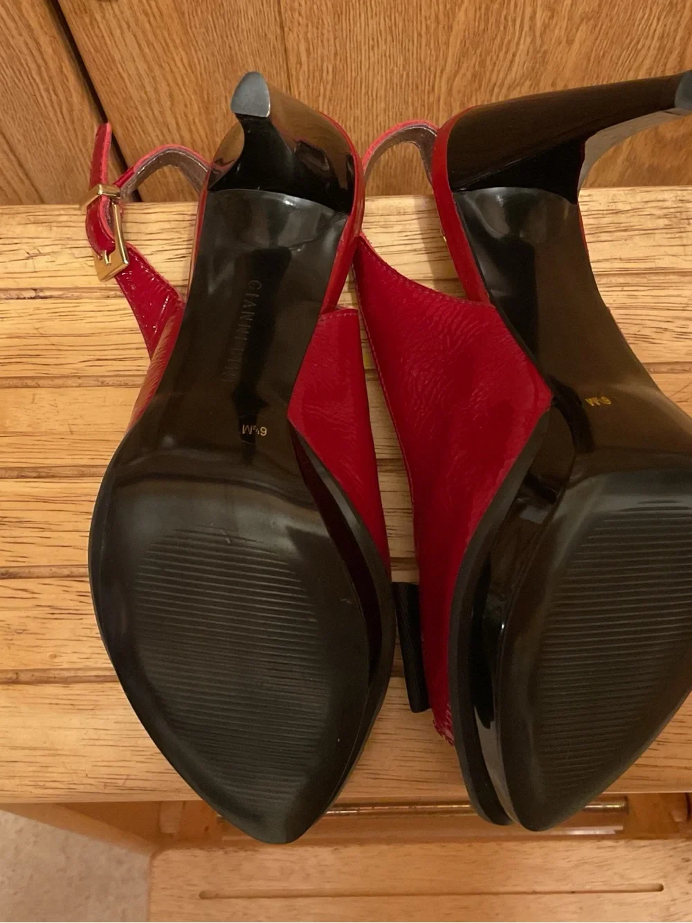 Gianni Bini Red Patent Peep-Toe Slingback Heels with Bow Accent